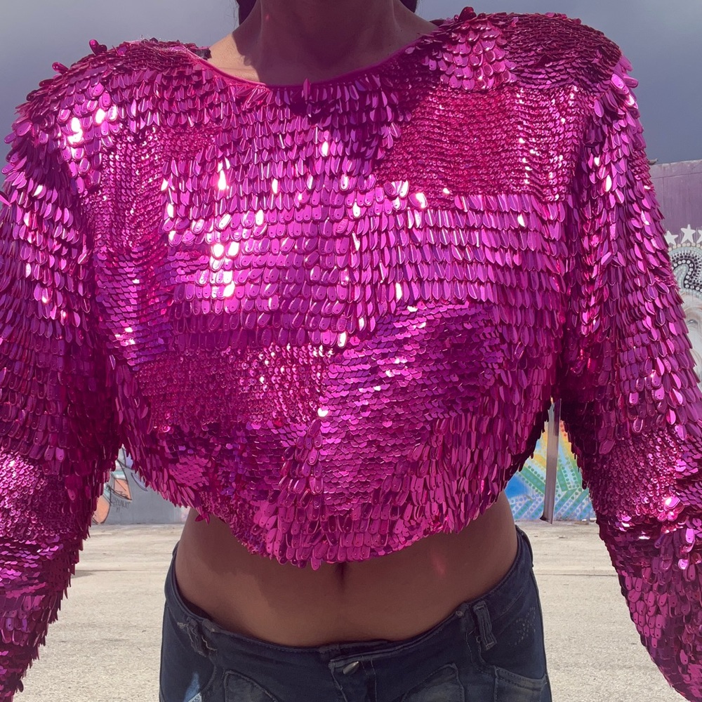 Retrofete fuchsia pink top jacket zipper sequin long sleeves nwt size XL blouse